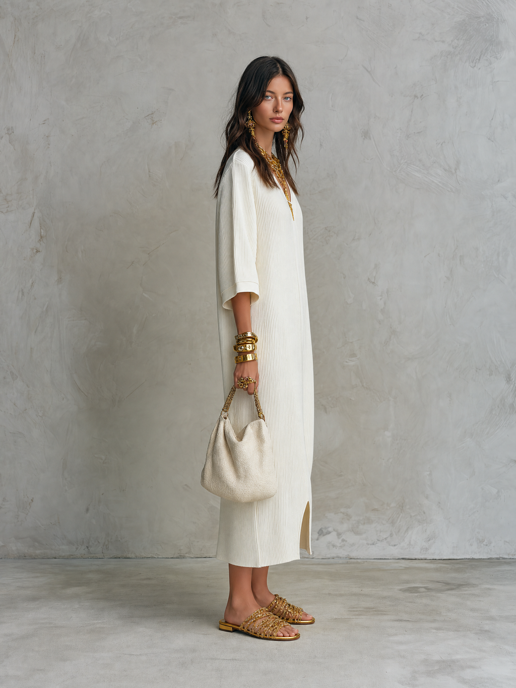 Ribbed Knit V-Neck With Batwing Sleeves Midi Dress