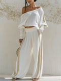 Women’s Off-Shoulder Knit Two-Piece Set With Wide Leg Pants