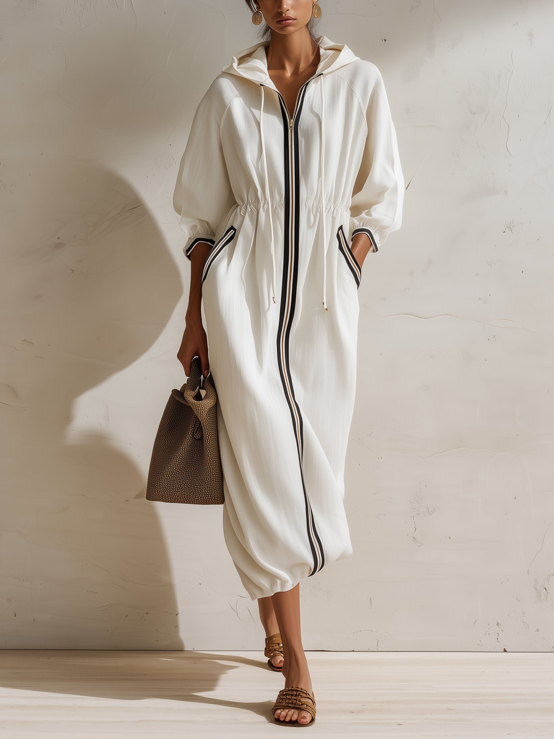 Women's White Hooded Dress | Full Zip Long Sleeve Drawstring Waist Midi Dress