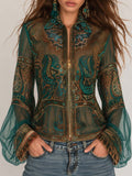 Boho Paisley Print Collar Full Zip Flare Bell Sleeve Sheer Mesh Crop Jacket