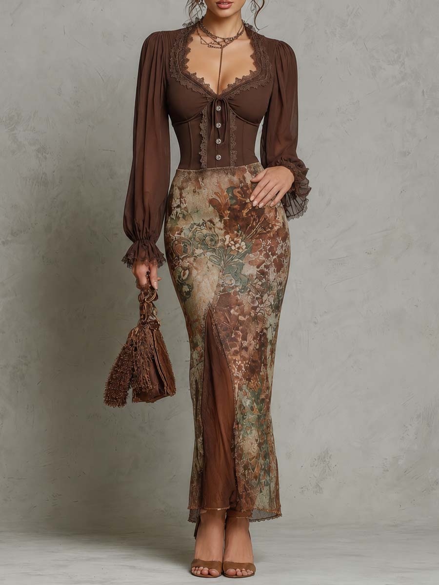 Boho Lace Trim Ruched Corset Top Floral Print Side Slit Mermaid Maxi Dress