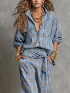 Relaxed Blue Plaid Shirt Wide Leg Pants Set