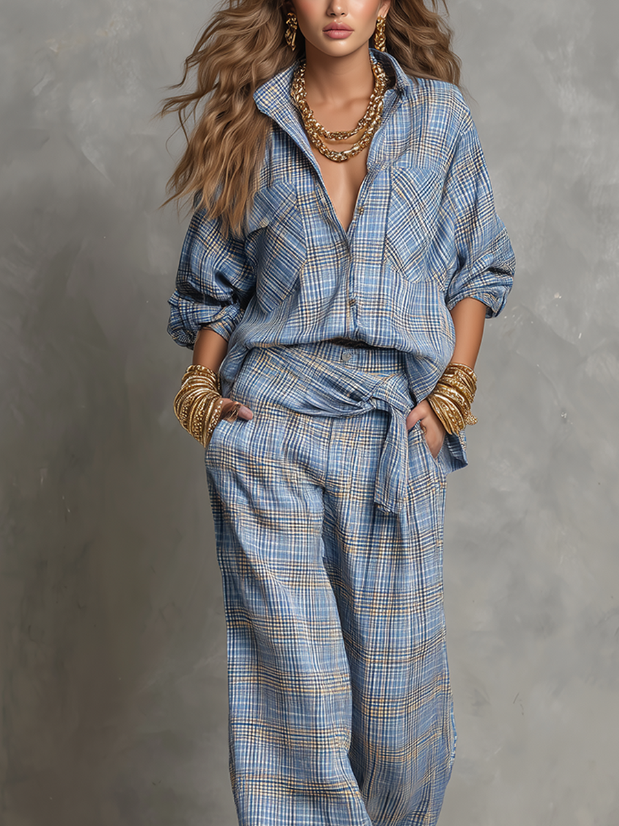 Relaxed Blue Plaid Shirt Wide Leg Pants Set