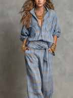 Relaxed Blue Plaid Shirt Wide Leg Pants Set