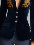 Navy Velvet Embroidered Peak Lapel Blazer