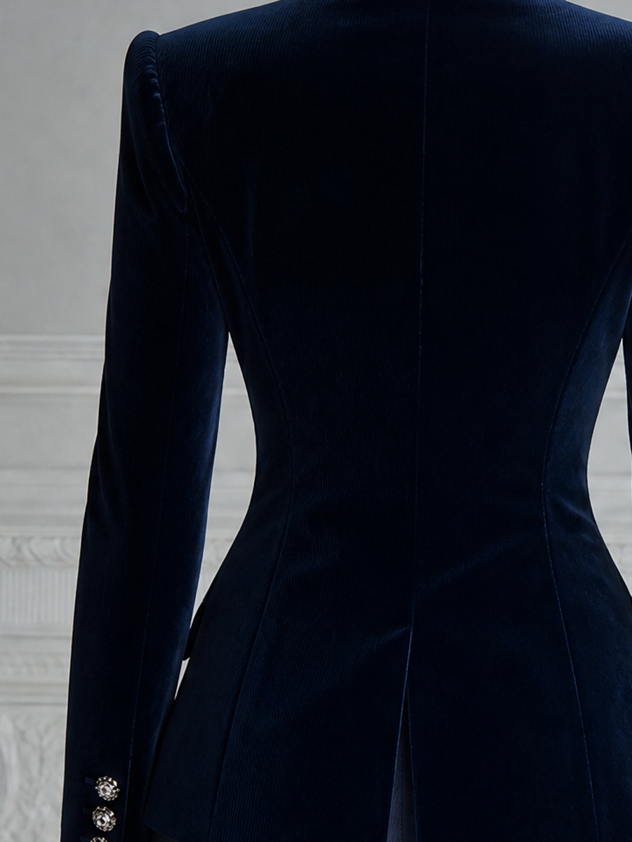 Navy Velvet Embroidered Peak Lapel Blazer