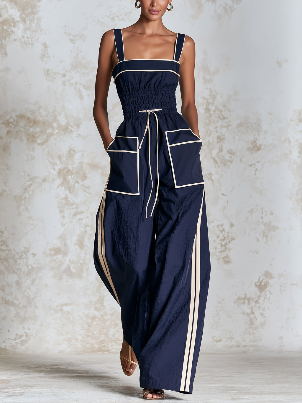 Women's Navy Wide-Leg Jumpsuit With Contrast Piping – Elegant Sleeveless Jumpsuit With Drawstring Waist