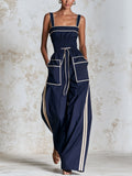 Women's Navy Wide-Leg Jumpsuit With Contrast Piping – Elegant Sleeveless Jumpsuit With Drawstring Waist