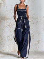 Women's Navy Wide-Leg Jumpsuit With Contrast Piping – Elegant Sleeveless Jumpsuit With Drawstring Waist