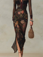 Vintage Oil Painting Print Straight-cut Mesh Maxi Dress With Side Slits