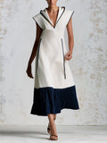 Women's Long Dress With Contrasting Trim – Elegant Sleeveless Two-Tone Pleated Maxi Dress With Hooded Collar