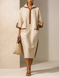 Women's Minimalist Half Zip Midi Dress – Oversized Linen Style Shirt Dress With Contrast Trim Pockets