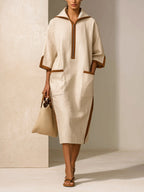 Women's Minimalist Half Zip Midi Dress – Oversized Linen Style Shirt Dress With Contrast Trim Pockets