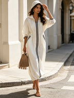 Women's White Hooded Dress | Full Zip Long Sleeve Drawstring Waist Midi Dress