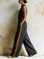 Women’s Sleeveless High Neck Top & Wide Leg Pants Set with Contrast Stripe
