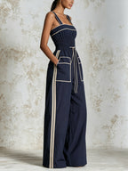 Women's Navy Wide-Leg Jumpsuit With Contrast Piping – Elegant Sleeveless Jumpsuit With Drawstring Waist