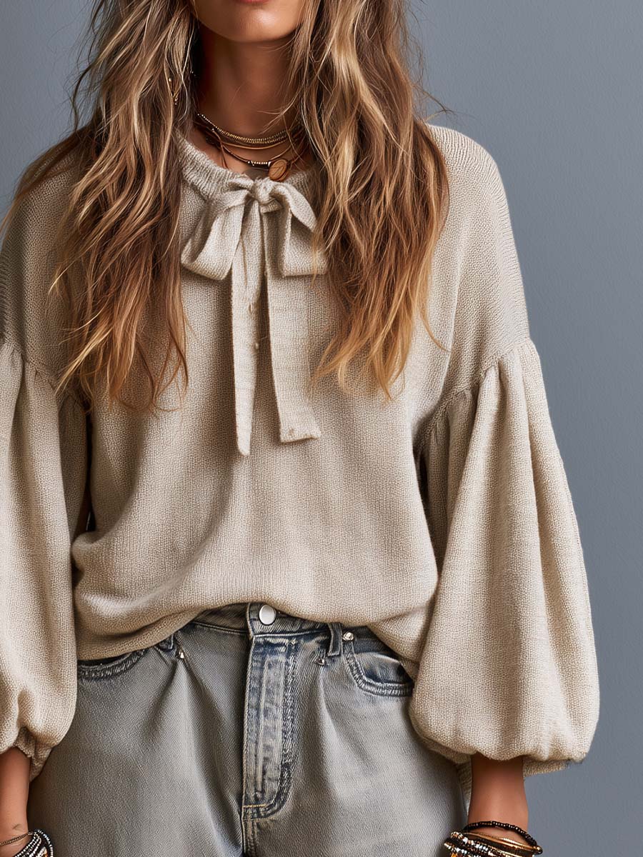 Boho Tie-Neck Balloon Sleeve Knit Sweater