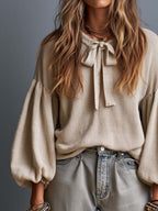 Boho Tie-Neck Balloon Sleeve Knit Sweater