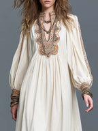 Boho Split Neck Bishop Sleeve Midi Dress