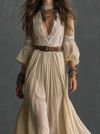 Boho Lace Deep V Bishop Sleeve Maxi Dress