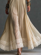 Boho Lace Deep V Bishop Sleeve Maxi Dress