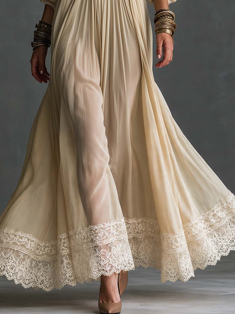 Boho Lace Deep V Bishop Sleeve Maxi Dress