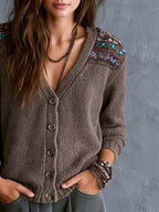 Boho V-Neck Button-Front Embroidered Shoulder Knit Cardigan
