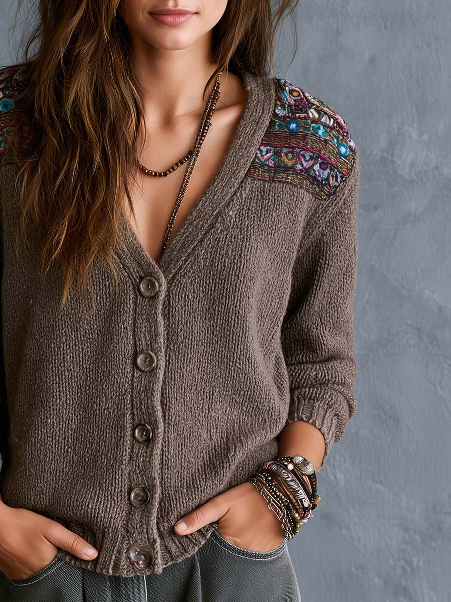 Boho V-Neck Button-Front Embroidered Shoulder Knit Cardigan