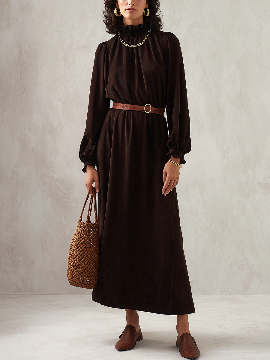 Refined Espresso Smocked Neck Maxi Dress