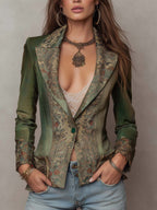 Vintage Floral Tapestry Contrast Lapel Cuff Single Button Fitted Olive Green Blazer