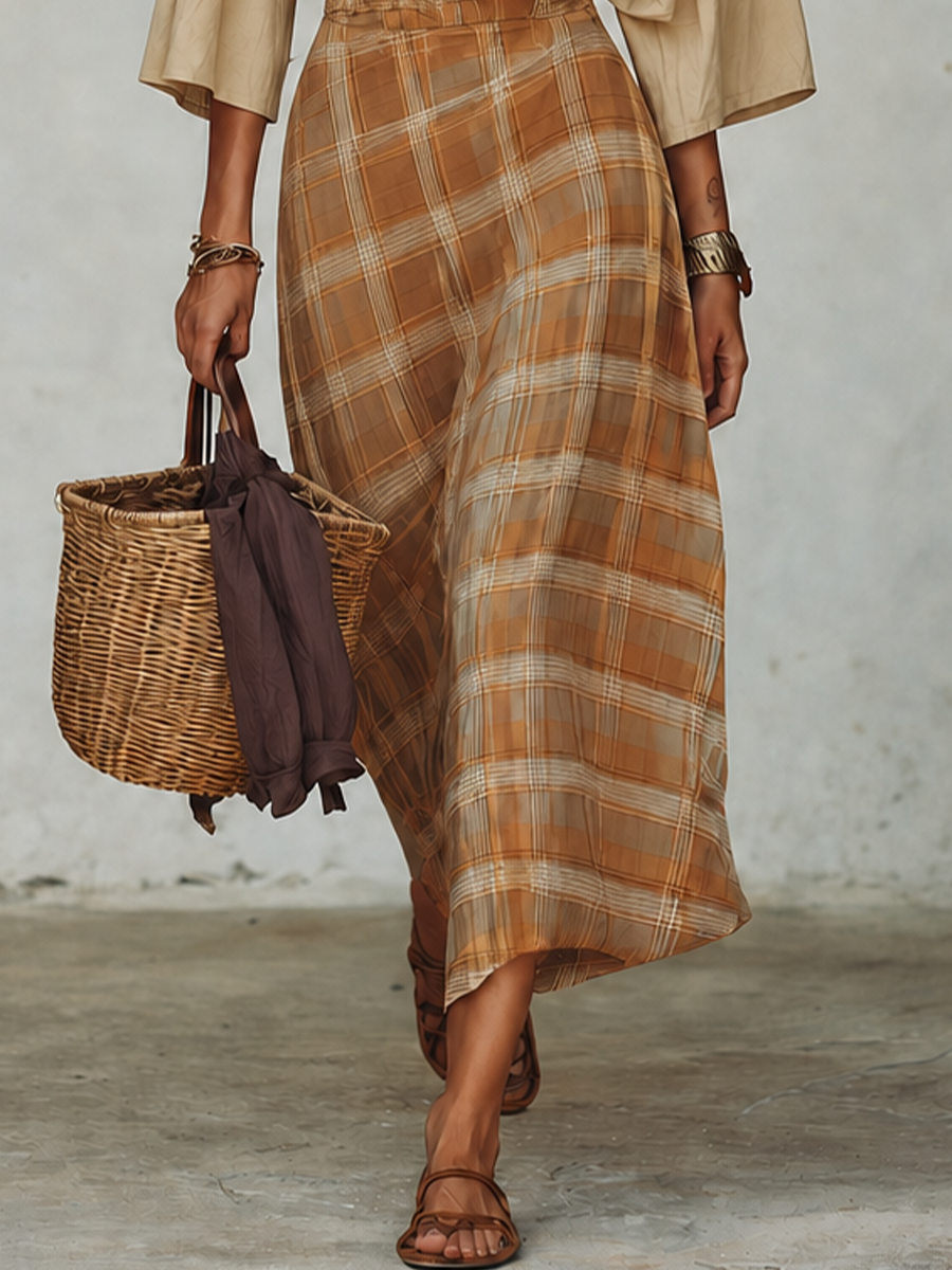 Earthy Boho Cape Sleeve Top & Plaid Midi Skirt Set
