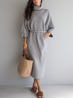 Elegant Light Gray Ribbed Turtleneck Sweater Dress