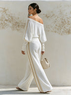 Women’s Off-Shoulder Knit Two-Piece Set With Wide Leg Pants