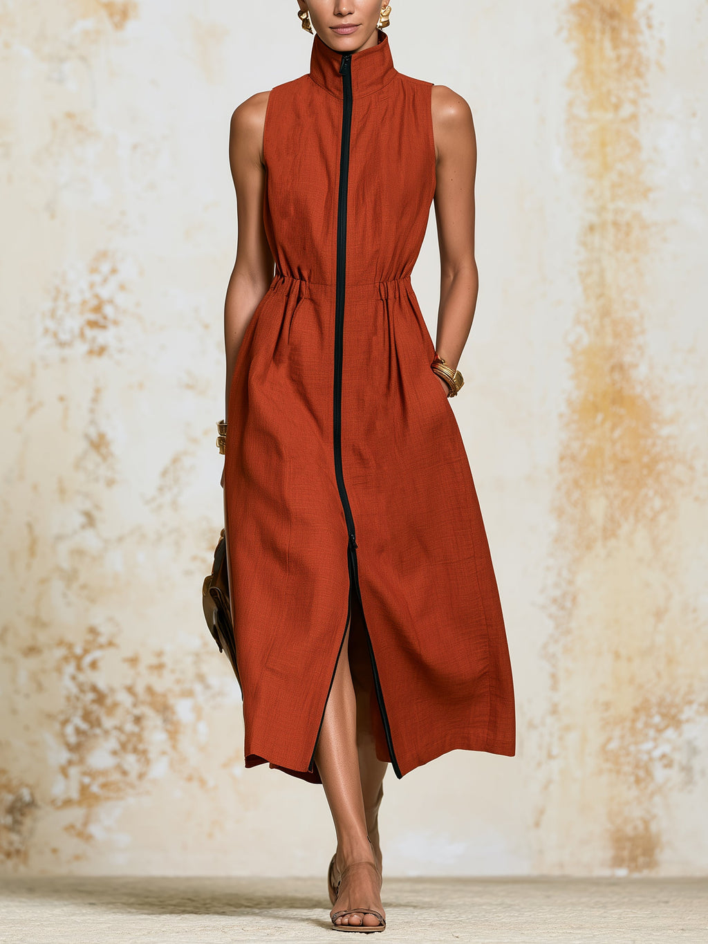 Ust Linen Sleeveless Zip Front Midi Dress