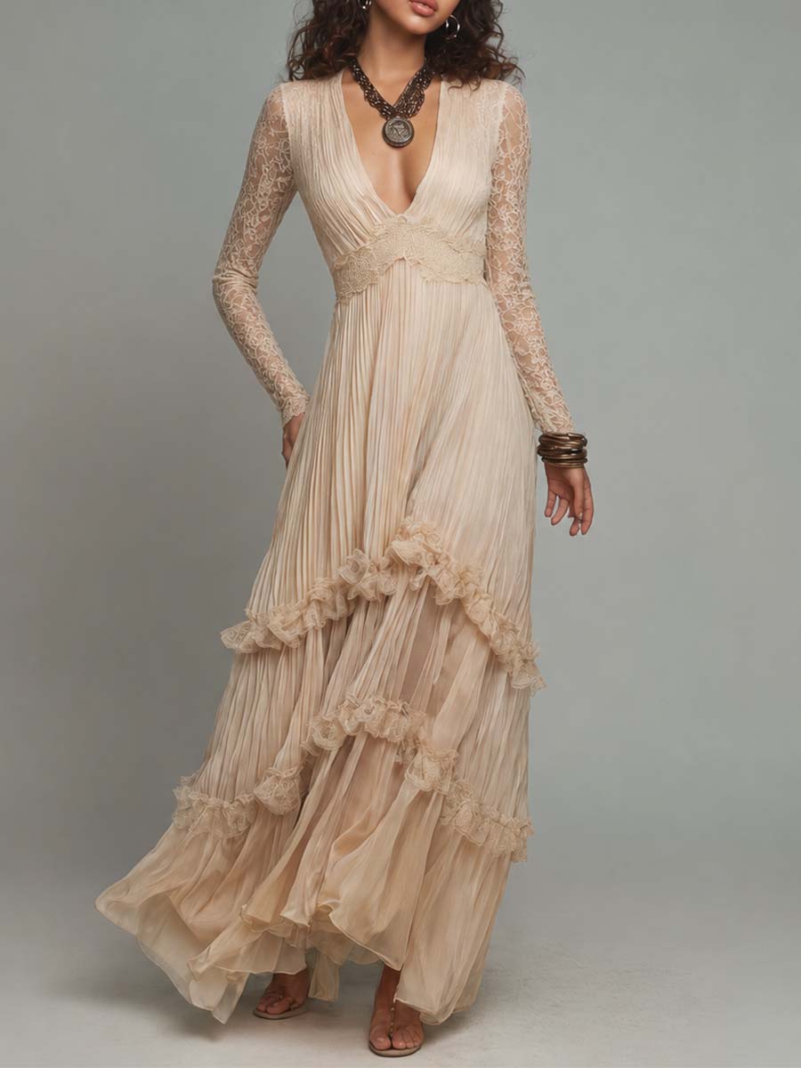 Boho Lace Long Sleeve Waist Lace Trim Ruffle Tiered Pleated Chiffon Maxi Dress