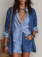 Chic Cotton Denim Oversized Blue Shirt Jacket