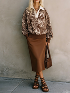Vintage Luxe Baroque Pullover & Brown Midi Skirt Set