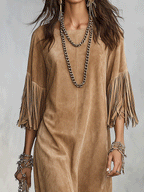 Vintage Faux Suede Oversized Sand Fringe Shift Midi Dress