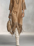 Vintage Faux Suede Oversized Sand Fringe Shift Midi Dress