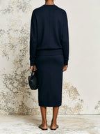 Minimalist Navy Zip Detail Two-Piece Set – Long Sleeve Top & Midi Skirt Elegant Co-Ord Outfit