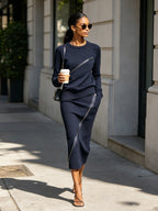 Minimalist Navy Zip Detail Two-Piece Set – Long Sleeve Top & Midi Skirt Elegant Co-Ord Outfit