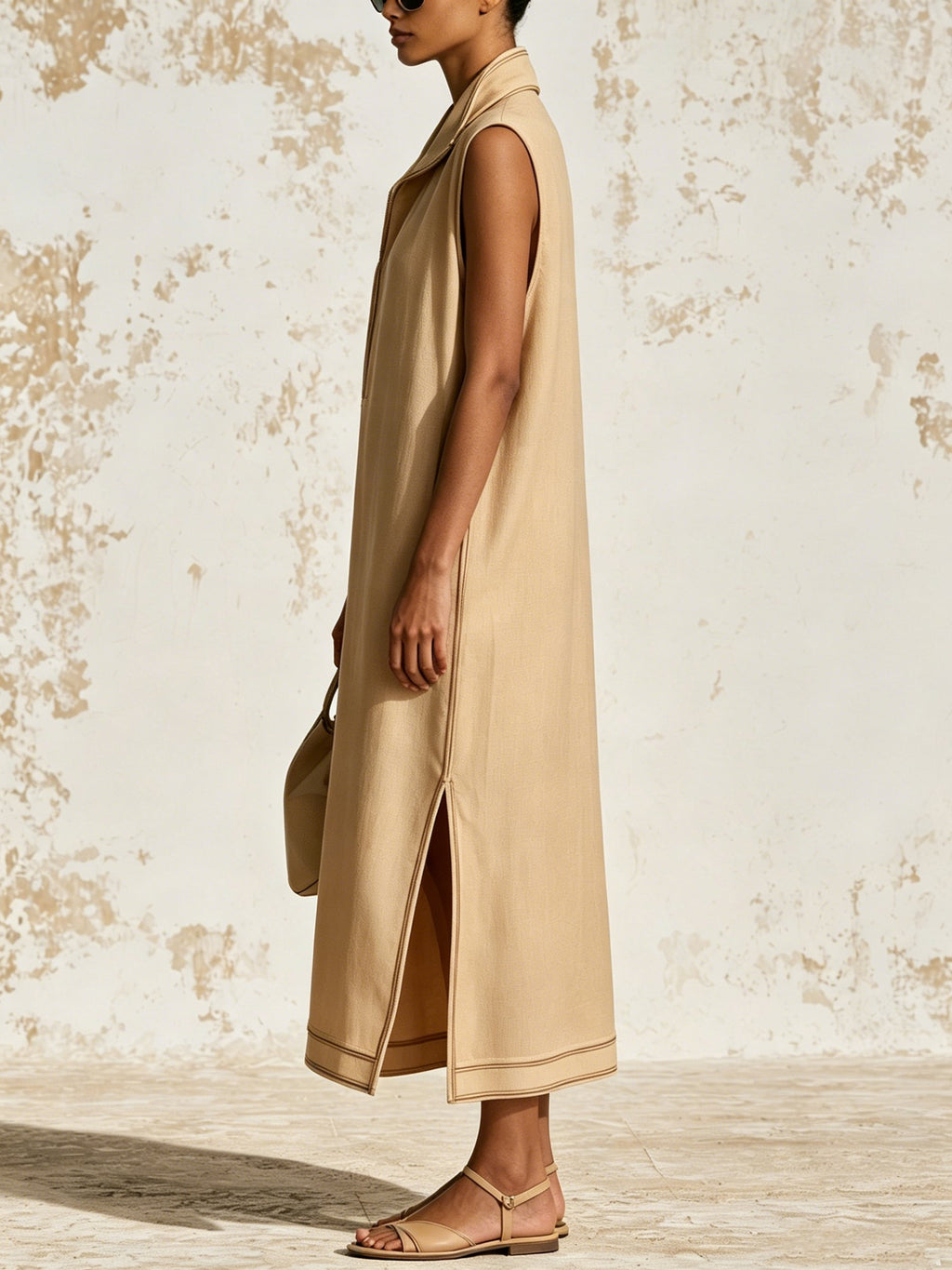 Luna Sandstone Zip Maxi Dress – Minimalist Oversized Collar Kaftan Dress