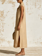 Luna Sandstone Zip Maxi Dress – Minimalist Oversized Collar Kaftan Dress