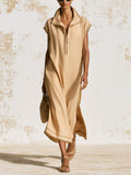 Luna Sandstone Zip Maxi Dress – Minimalist Oversized Collar Kaftan Dress