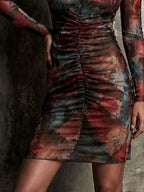 Vintage Floral Mesh Mock Neck Ruched Front Long Sleeve Mini Dress