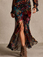 Vintage Floral Chiffon Mock Neck Ruched Slit Mermaid Maxi Dress
