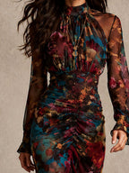 Vintage Floral Chiffon Mock Neck Ruched Slit Mermaid Maxi Dress