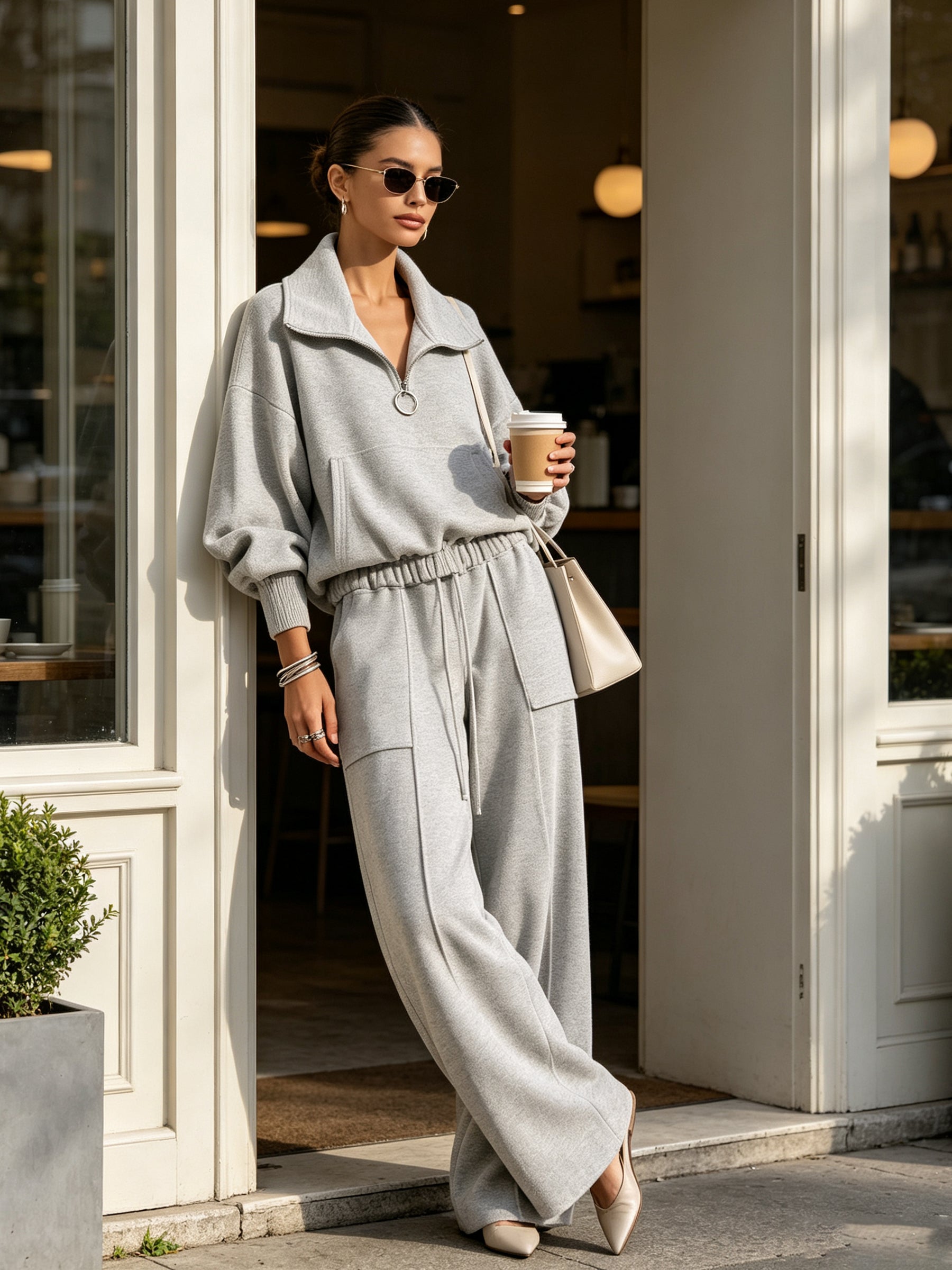 Cloud Essential Lounge Set – Oversized Half-Zip Pullover & Wide Leg Cargo Pants Set