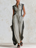 Women's Color-Block Sleeveless Jumpsuit – Elegant, Slim-Fit Wide-Leg Jumpsuit With Functional Pockets