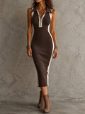 Classic Retro Color Block Ribbed Knit Collar Half Zip Midi Dress